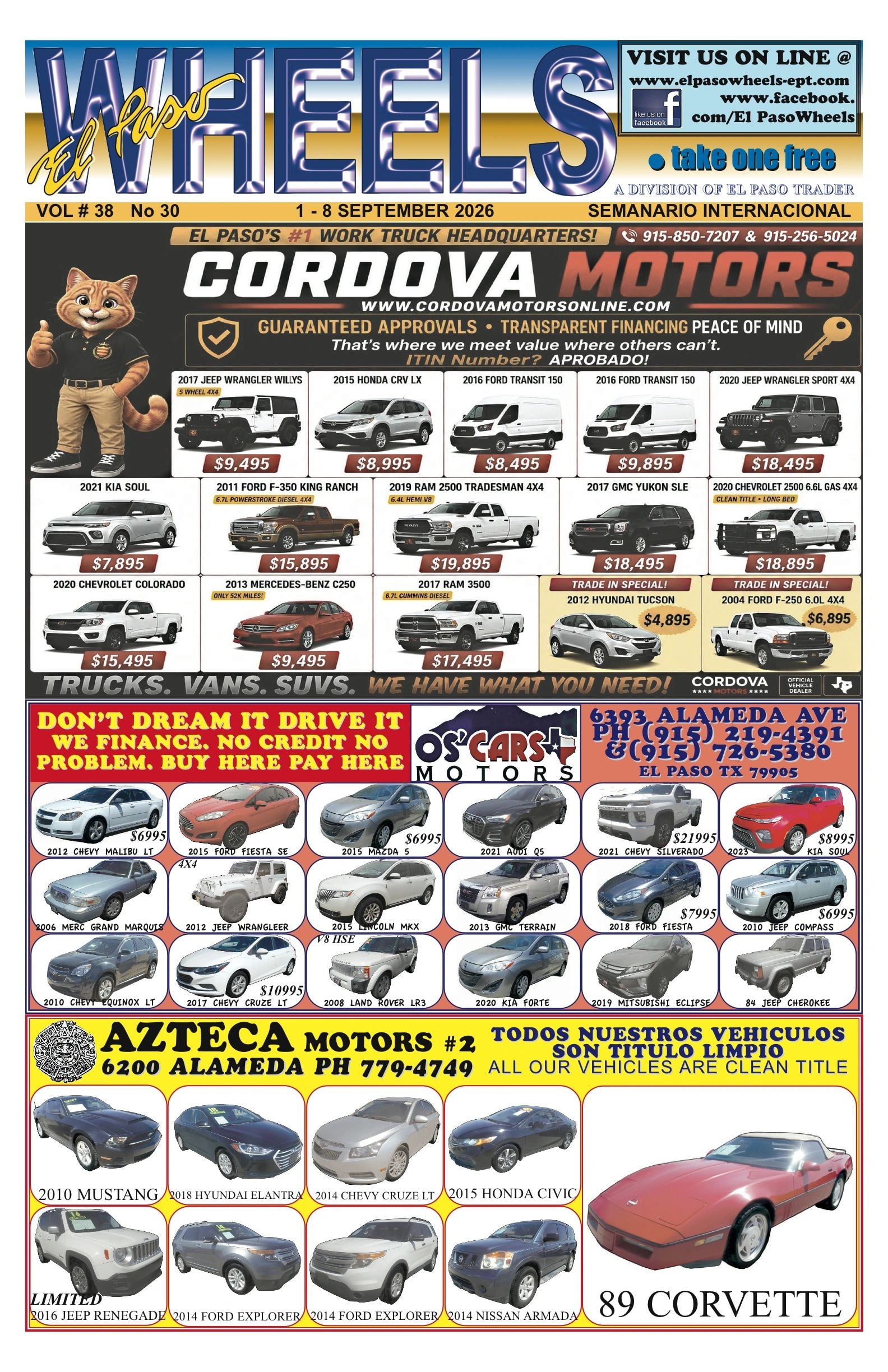 El Paso Wheels issue page 1 — Cordova Motors, Oscar's Motors, Azteca Motors
