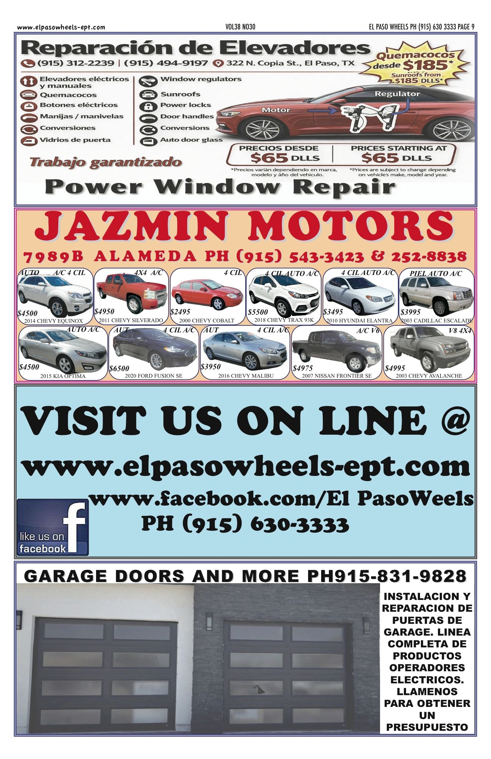 El Paso Wheels issue page 9 — Jazmin Motors, elevator repair, garage doors